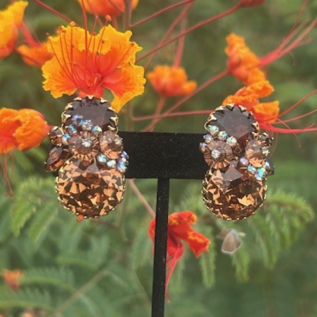 Alice Caviness Large Brown Amber Glass Ab Rhinestone Gold Earrings 99$